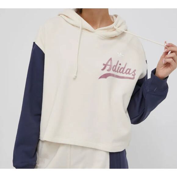 adidas Originals Hoodie Womens Large Cropped Pullover Cream Blue Logo Hit - Picture 2 of 8